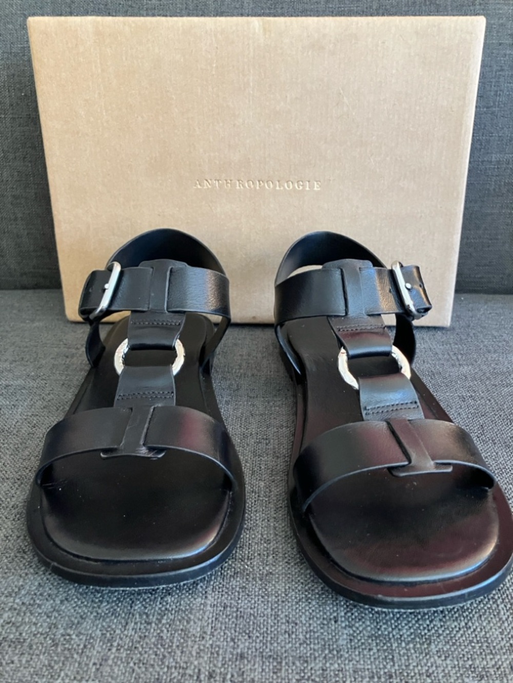 Anthropologie Black Leather Buckle T-Strap Sandals , original box and dust bag.